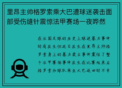 里昂主帅格罗索乘大巴遭球迷袭击面部受伤缝针震惊法甲赛场一夜哗然 里昂主帅格罗索乘大巴遭球迷袭击面部受伤缝针震惊法甲赛场一夜哗然