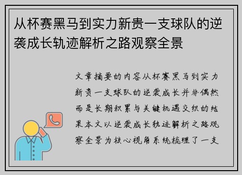 从杯赛黑马到实力新贵一支球队的逆袭成长轨迹解析之路观察全景