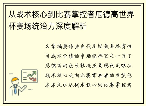 从战术核心到比赛掌控者厄德高世界杯赛场统治力深度解析